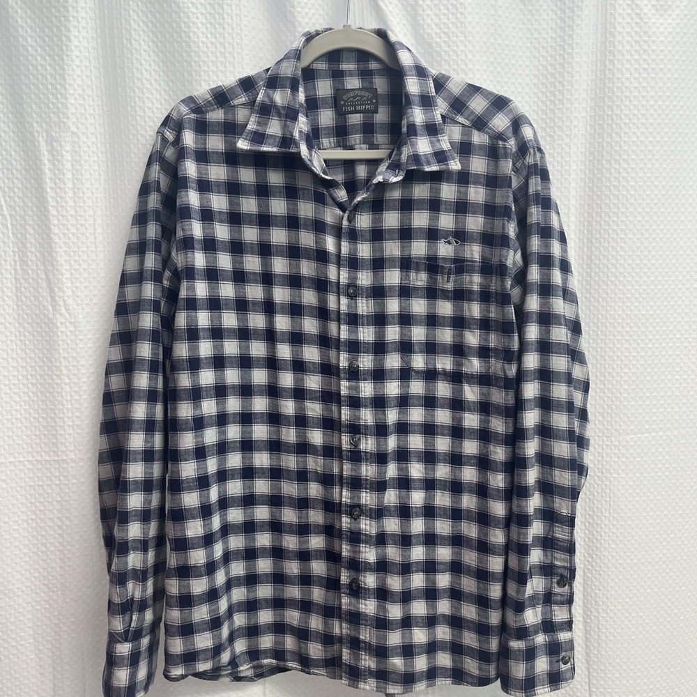 Fish Hippie Rumfront Blue White Check Plaid Flannel Shirt Large Outdoor